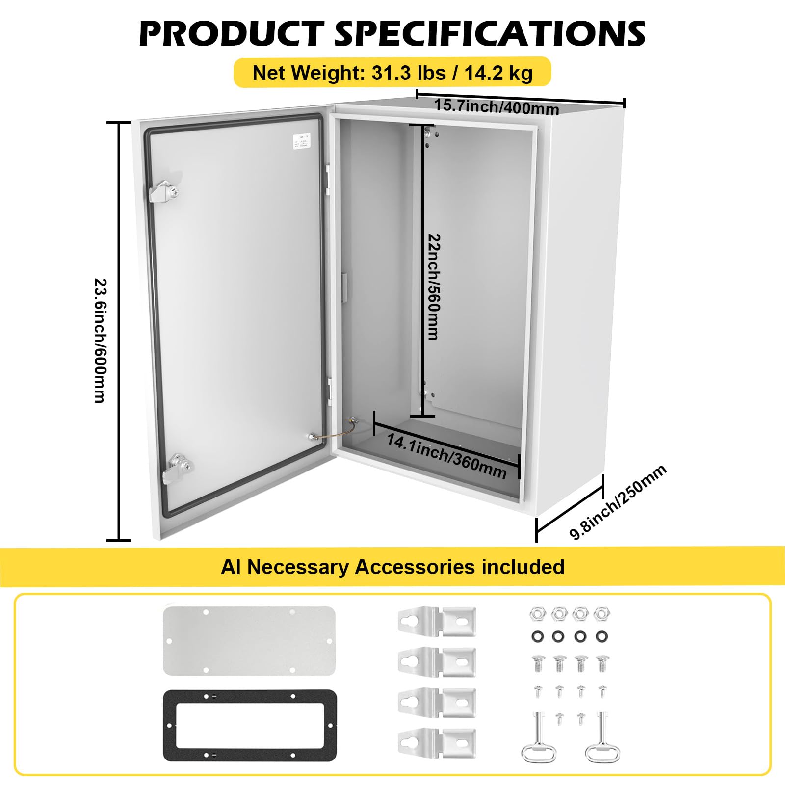 OPYRET Electrical Junction Box, 24"x16"x10" NEMA Steel Enclosure IP66 Waterproof & Dustproof Outdoor/Indoor Electrical Project Box with Mounting Plate