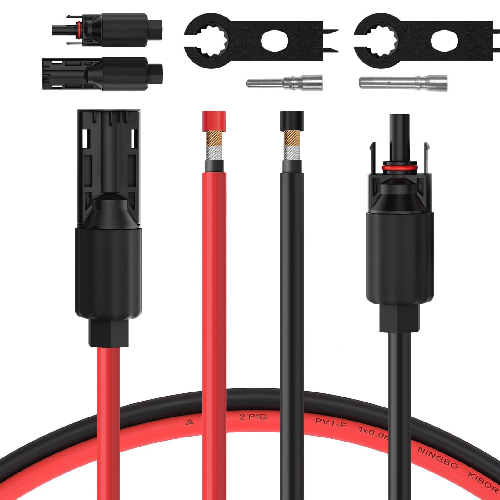 BougeRV 20 Feet 10AWG Solar Extension Cable with Female and Male Connector with Extra Pair of Connectors Solar Panel Adaptor Kit Tool (20FT Red + 20FT Black)