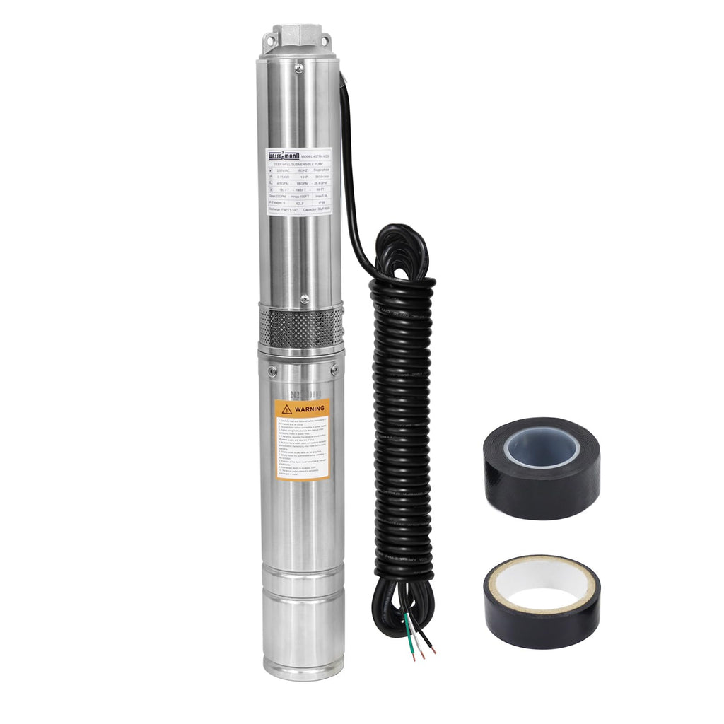 WASSERMANN 4" Deep Well Submersible Pump with 10FT Cable, 1HP, 230V/60HZ, 33GPM, 190FT Head, Stainless Steel Submersible Well Pumps Borehole Water Pump for Home, Factories, Irrigation, Farmland
