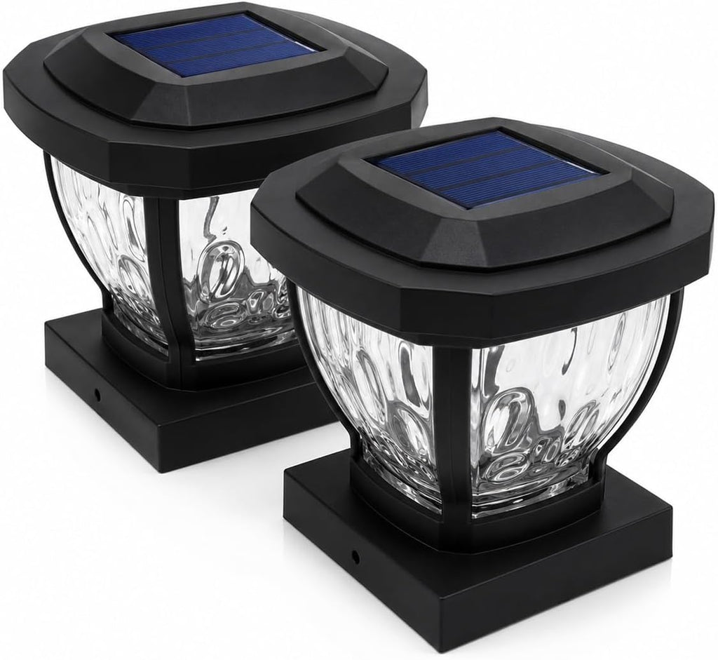 Home Zone Security Solar Post Cap Lights - Decorative Glass LED Outdoor Fits 3.5 x 3.5 in. Post Lights, Black (2-Pack)