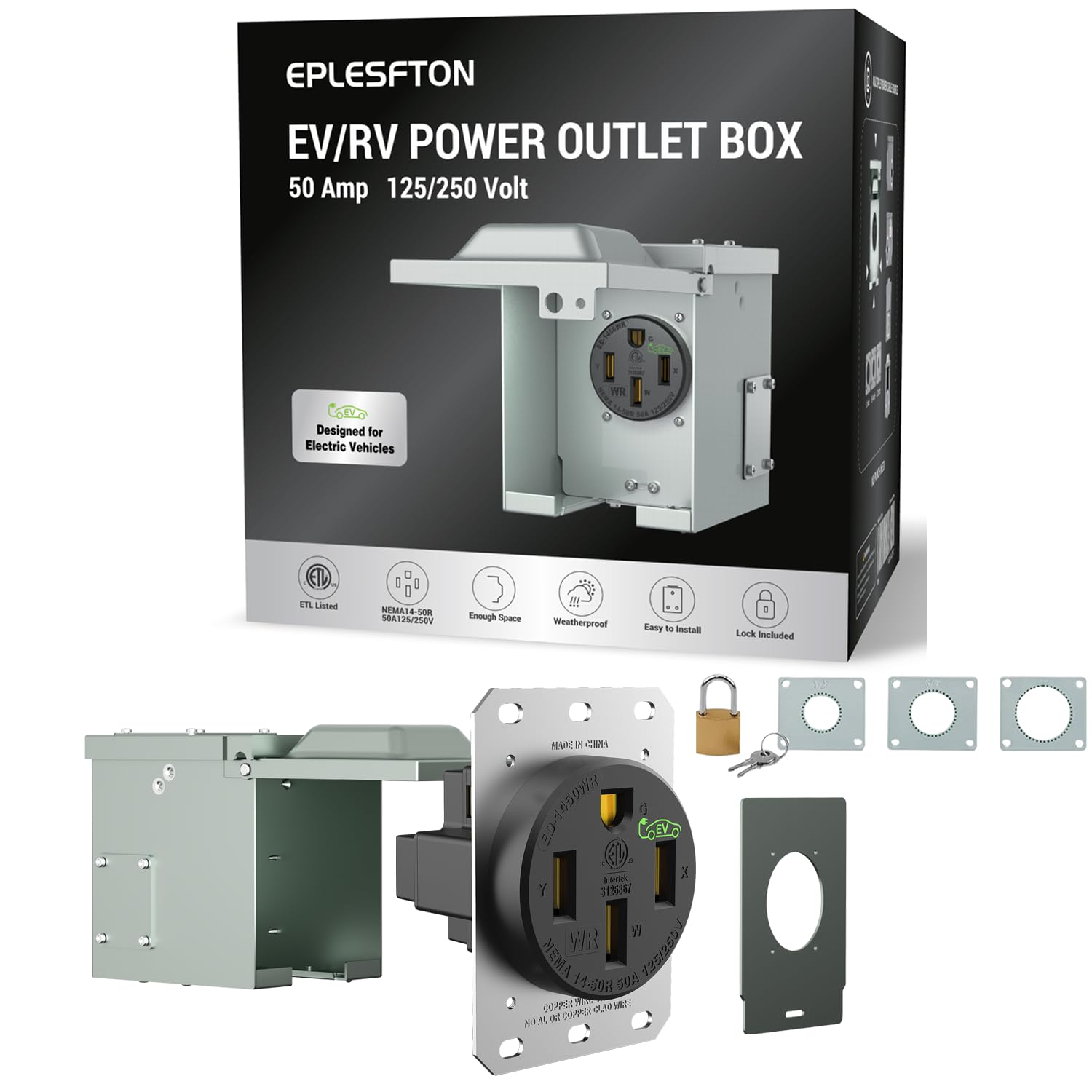 Nema 14-50 EV Outlet with Wall Plate Kit, Heavy Duty 50 amp EV Charging Straight Blade Device Receptacle, 3-Pole 4-Wire Grounding, 50A 125/250V,ETL Listed,Black