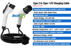 Type 2 Male to Type 1 Female EV Charging Cable, Mode 3 EV Charger for J1772 EVs, 32A 7kW Single Phase, 5m(16.4ft)
