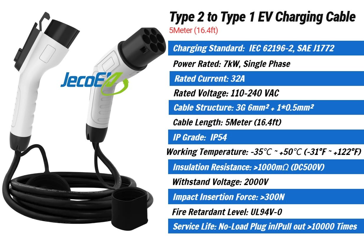 Type 2 Male to Type 1 Female EV Charging Cable, Mode 3 EV Charger for J1772 EVs, 32A 7kW Single Phase, 5m(16.4ft)