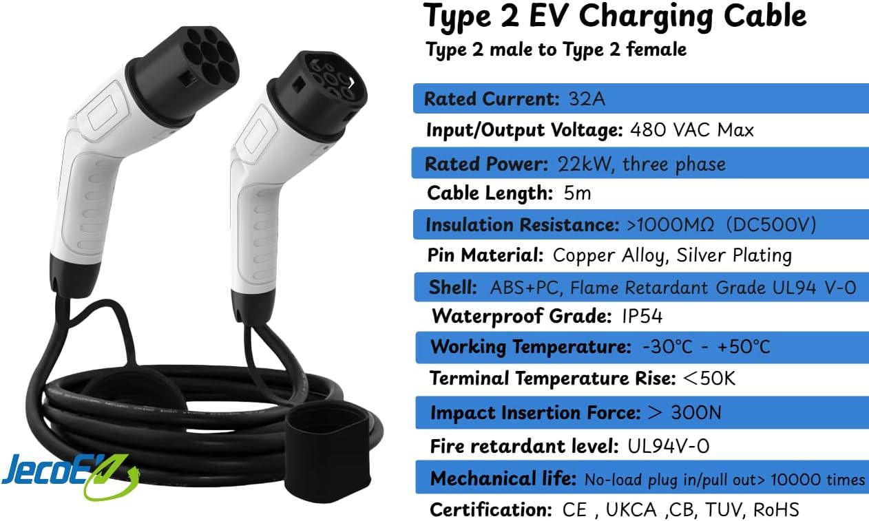 Type 2 - Type 2 Fast Charging EV Cable / 32A / 3 Phase / 5M Length / 22kW