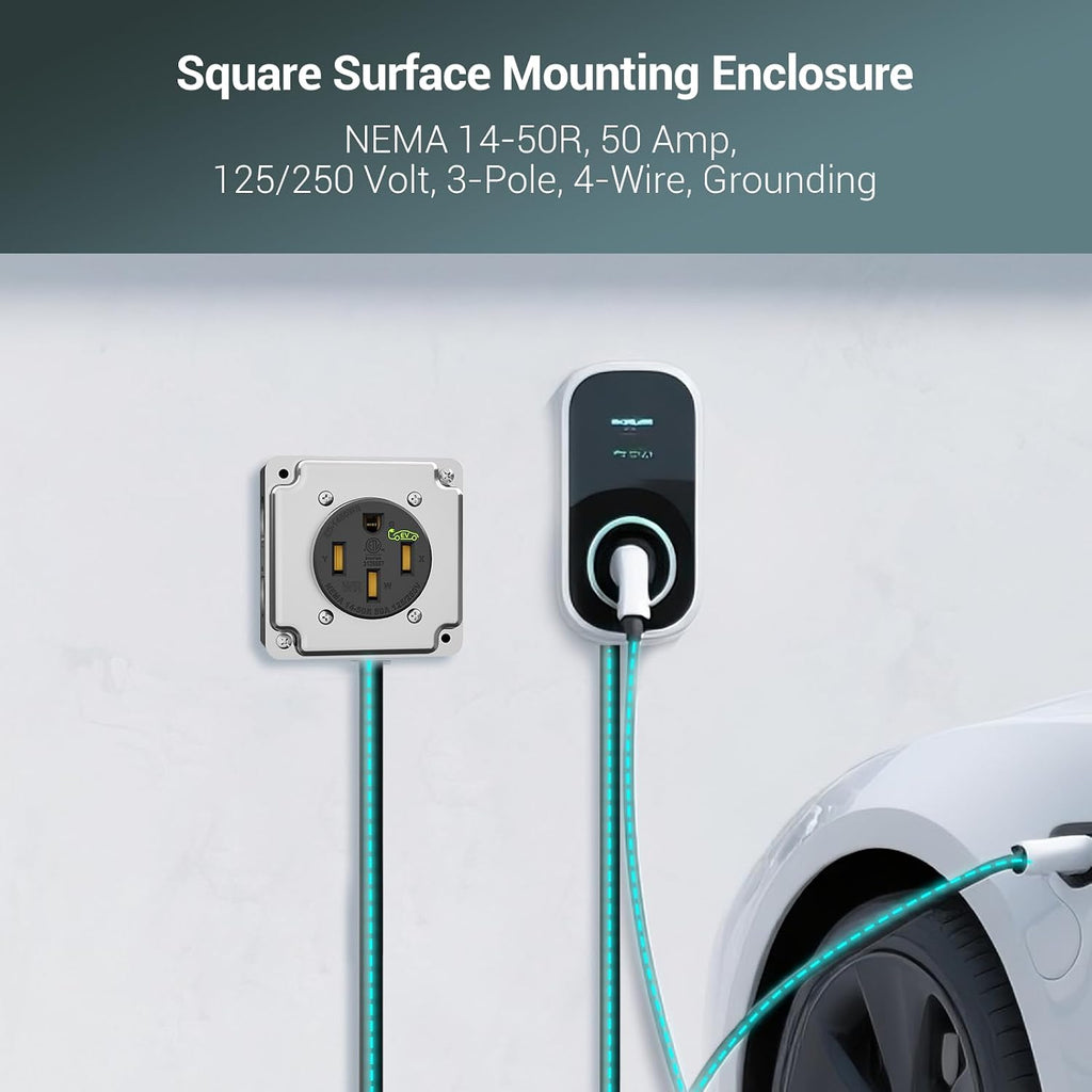 Nema 14-50 EV Outlet with Surface Mount Box Kit, Weather Resistant 50 amp EV Charging Straight Blade Device Receptacle, 3-Pole 4-Wire Grounding, 50A 125/250V,ETL Listed,Black