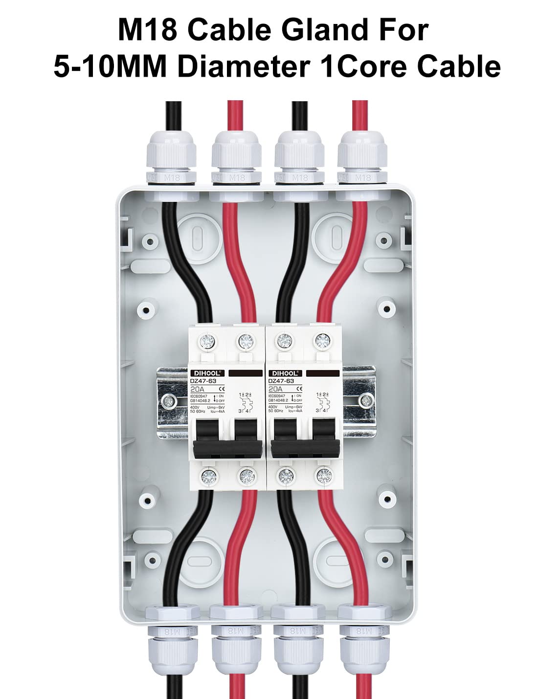 DIHOOL DC Circuit Breaker Box Cover with UV-Proof, 20 Amp Electrical Power Distribution Box 2 in 2 Out, PV Solar Disconnect Switch