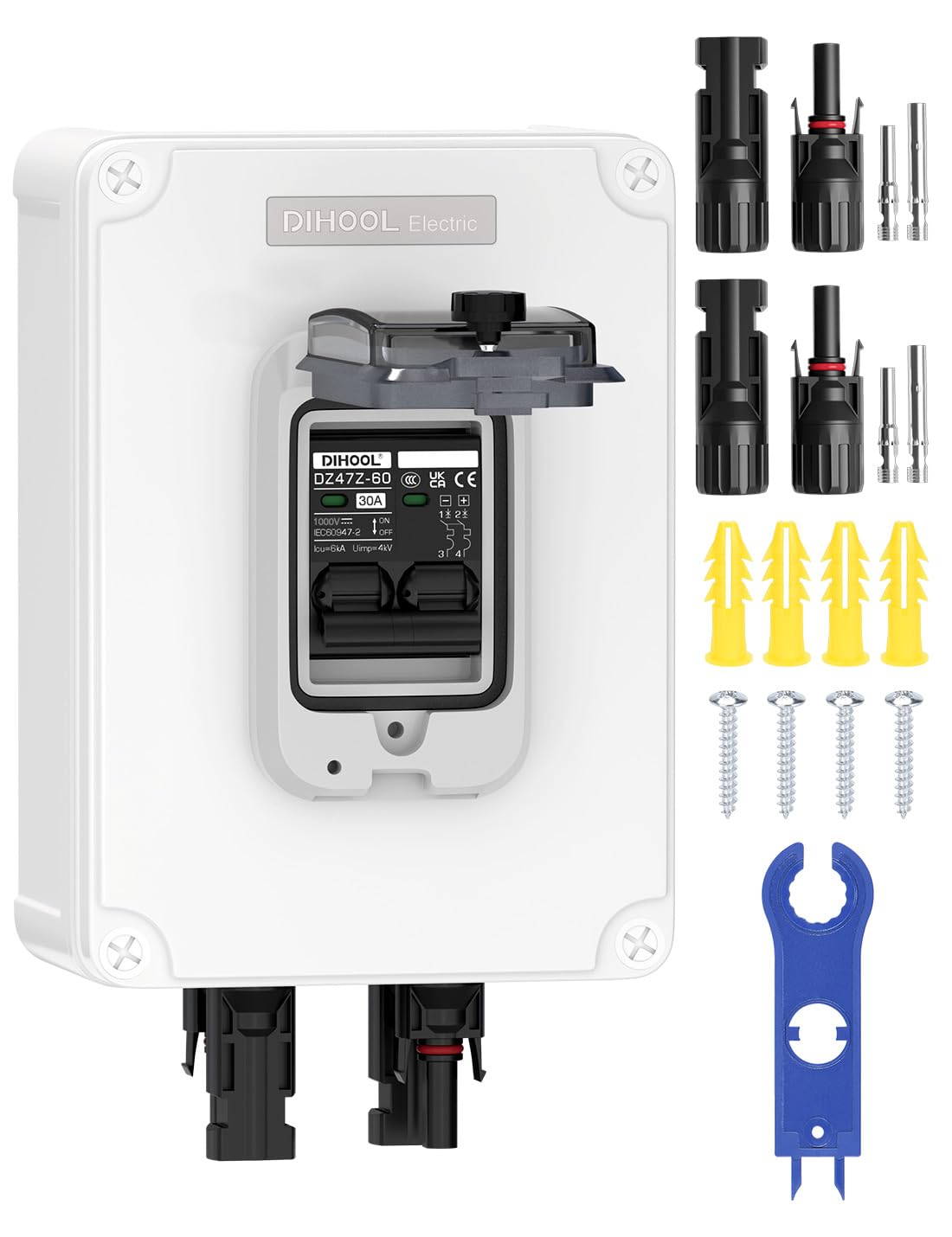 DIHOOL Solar Panel Disconnect Switch 4 String 30 Amp DC Circuit Breaker Box 4 in 4 Out Solar Combiner Box