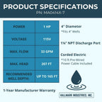 Hallmark Industries MA0414X-7 Deep Well Submersible Pump, 1HP, 110V 60HZ, 33 Gpm, Stainless Steel, Long Life