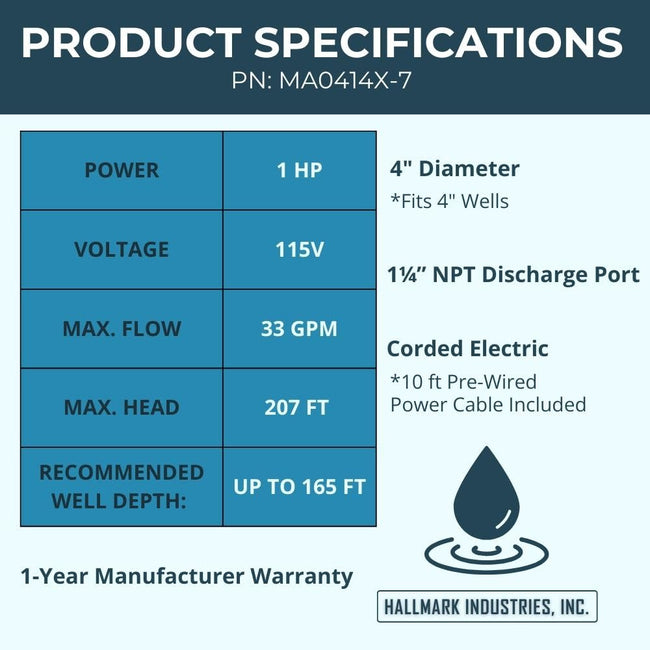 Hallmark Industries MA0414X-7 Deep Well Submersible Pump, 1HP, 110V 60HZ, 33 Gpm, Stainless Steel, Long Life Main Image