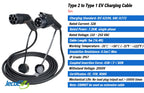 Type 2 to Type 1 EV Charging Cable, IEC 62196 Male to J1772 Female, 32A 7kW Single Phase, 110-250 VAC, 5m (16.4ft), IP67 Waterproof
