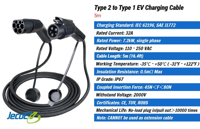Type 2 to Type 1 EV Charging Cable, IEC 62196 Male to J1772 Female, 32A 7kW Single Phase, 110-250 VAC, 5m (16.4ft), IP67 Waterproof Hover Image