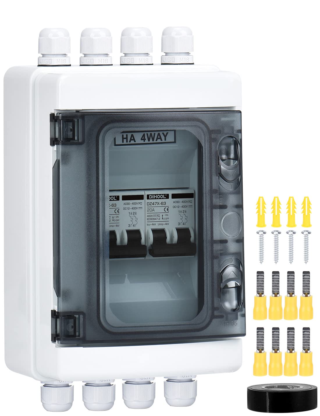DIHOOL DC Circuit Breaker Box Cover with UV-Proof, 20 Amp Electrical Power Distribution Box 2 in 2 Out, PV Solar Disconnect Switch