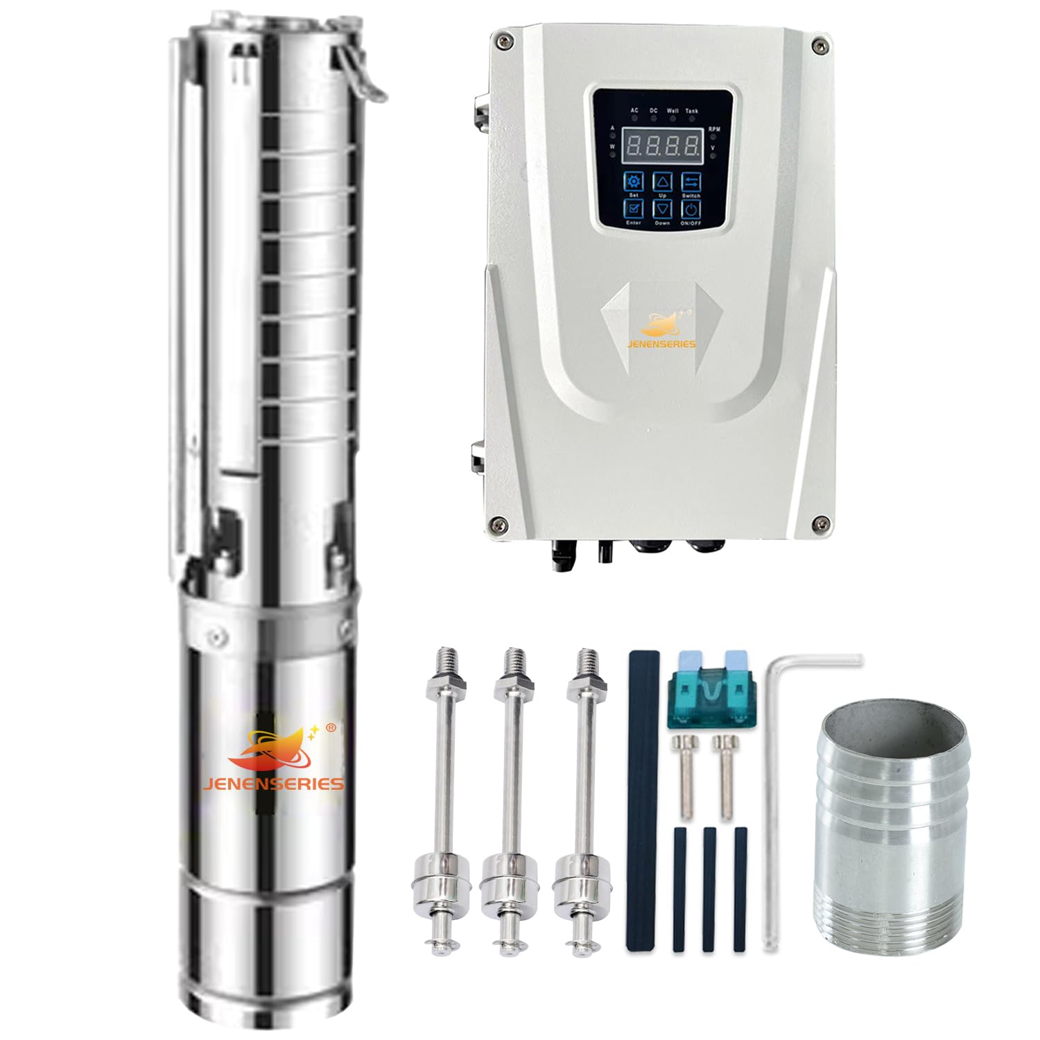 JENENSERIES Pump 750W DC 48V Solar Water Pumps, 4 inch Stainless deep well impeller pumps with max head 40m, 30.7GPM Flow and MPPT update charge controller float switch kits for home or farm