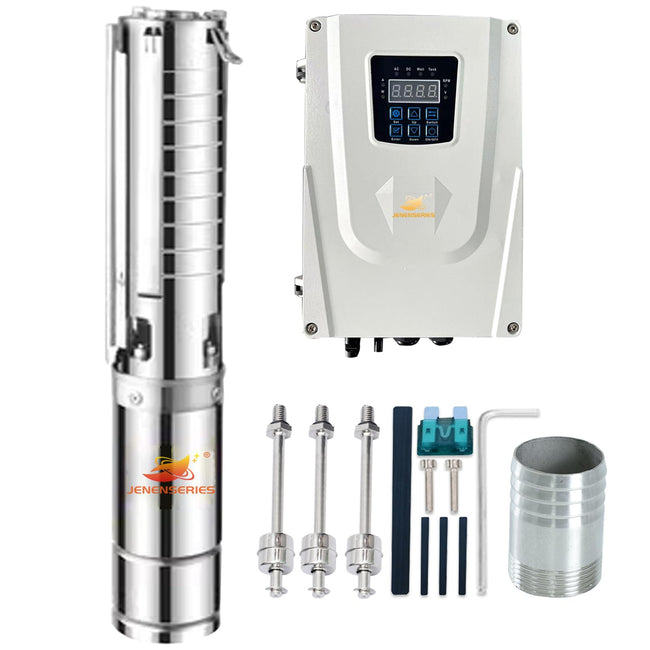 JENENSERIES Pump 750W DC 48V Solar Water Pumps, 4 inch Stainless deep well impeller pumps with max head 40m, 30.7GPM Flow and MPPT update charge controller float switch kits for home or farm Hover Image
