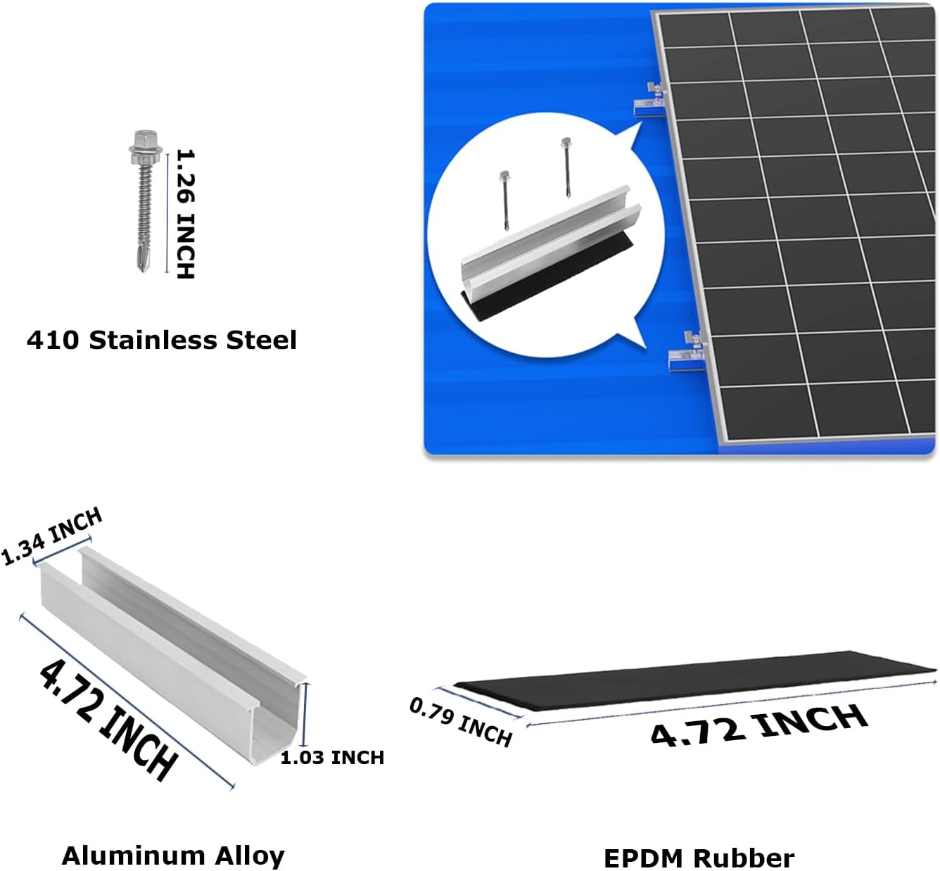 Solar Panel Mounting Brackets, Roof Mount Kit, Rails and Clamps Included for Thickness 1.18”-1.38”, 4pcs in A Row Assembly on Tin, Flat and Sheet Rooftop, Aluminum Alloy