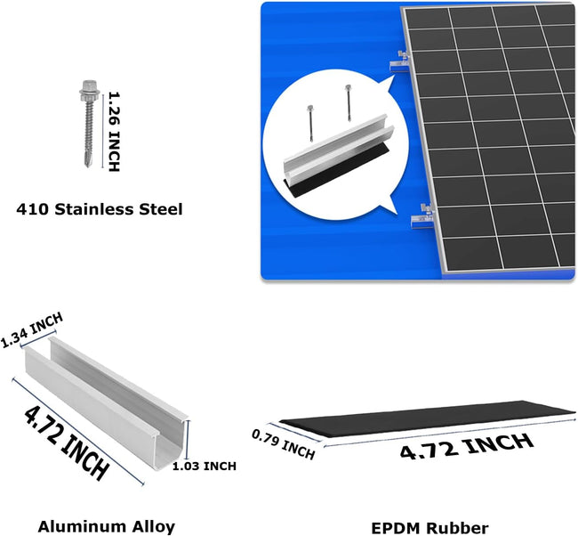 Solar Panel Mounting Brackets, Roof Mount Kit, Rails and Clamps Included for Thickness 1.18”-1.38”, 4pcs in A Row Assembly on Tin, Flat and Sheet Rooftop, Aluminum Alloy Main Image