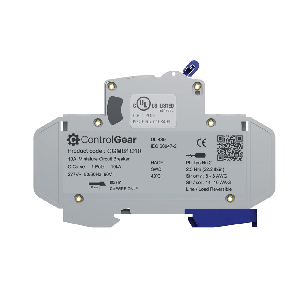 Mini Circuit Breaker UL489 Listed 10A C Curve 277VAC 60VDC 10kAIC DIN Rail Mount Non Polarized MCB Branch Circuit Protection, ControlGear CGMB1C10 (1 Pole CTrip 10 Amp)