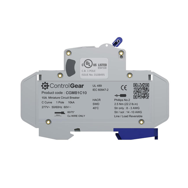 Mini Circuit Breaker UL489 Listed 10A C Curve 277VAC 60VDC 10kAIC DIN Rail Mount Non Polarized MCB Branch Circuit Protection, ControlGear CGMB1C10 (1 Pole CTrip 10 Amp) Main Image