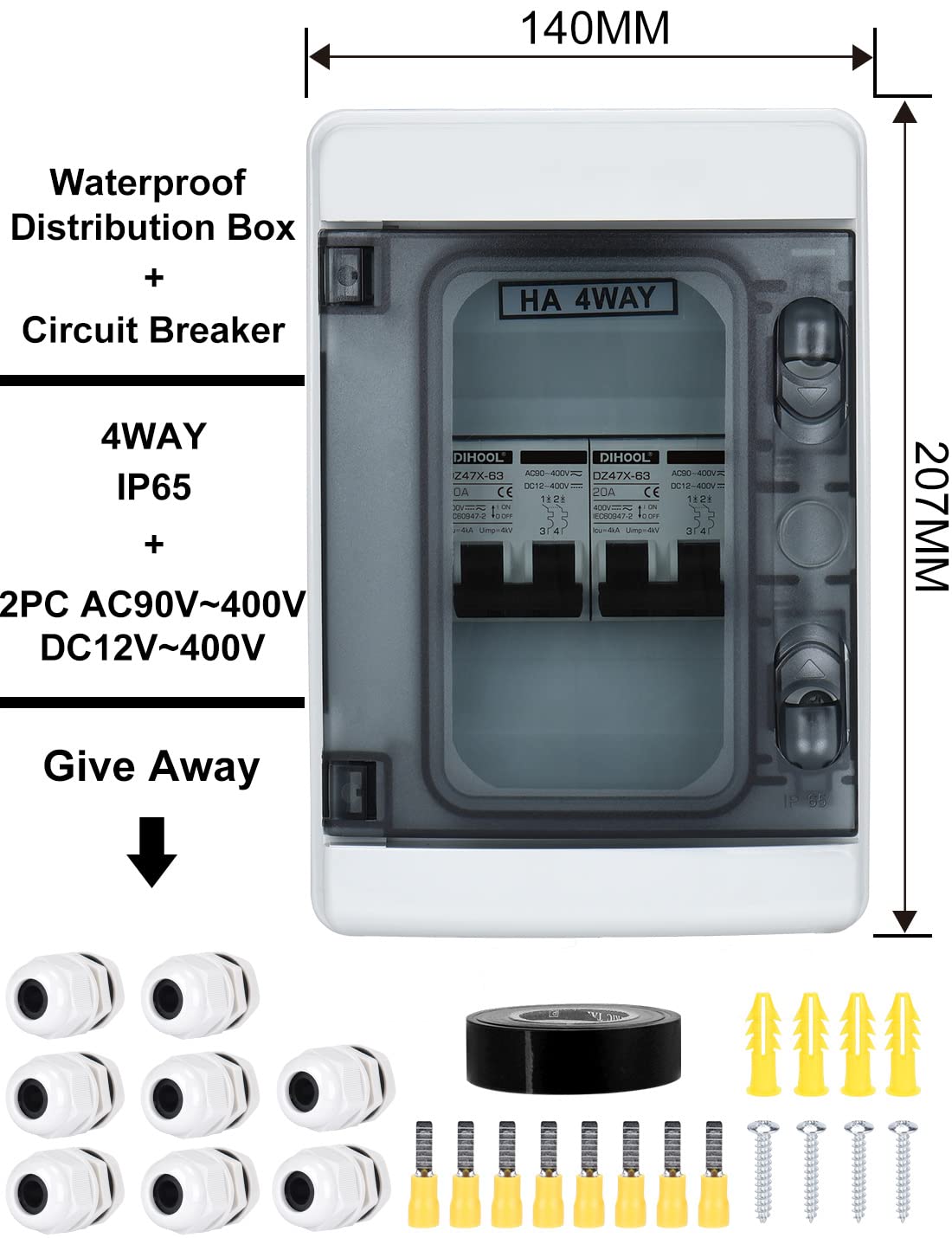 DIHOOL DC Circuit Breaker Box Cover with UV-Proof, 20 Amp Electrical Power Distribution Box 2 in 2 Out, PV Solar Disconnect Switch
