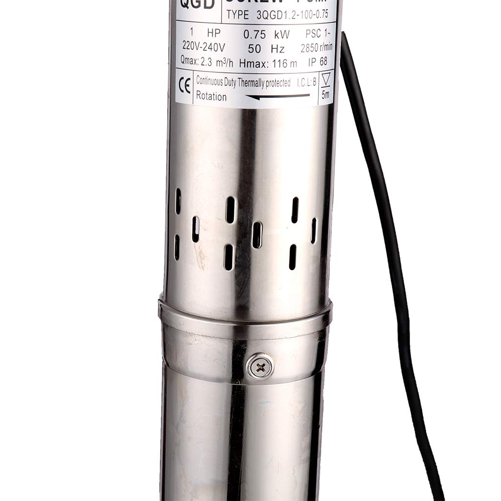 SHYLIYU 1HP 3" OD Pipe Stainless Steel Submersible Deep Well Pump 328FT 1" Outlet 0.75KW 80mm Bore Screw Water Pumps for Industrial and Home Garden Use,220V/50Hz