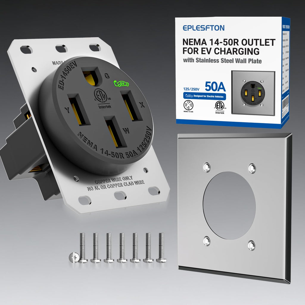 Nema 14-50 EV Outlet with Wall Plate Kit, Heavy Duty 50 amp EV Charging Straight Blade Device Receptacle, 3-Pole 4-Wire Grounding, 50A 125/250V,ETL Listed,Black