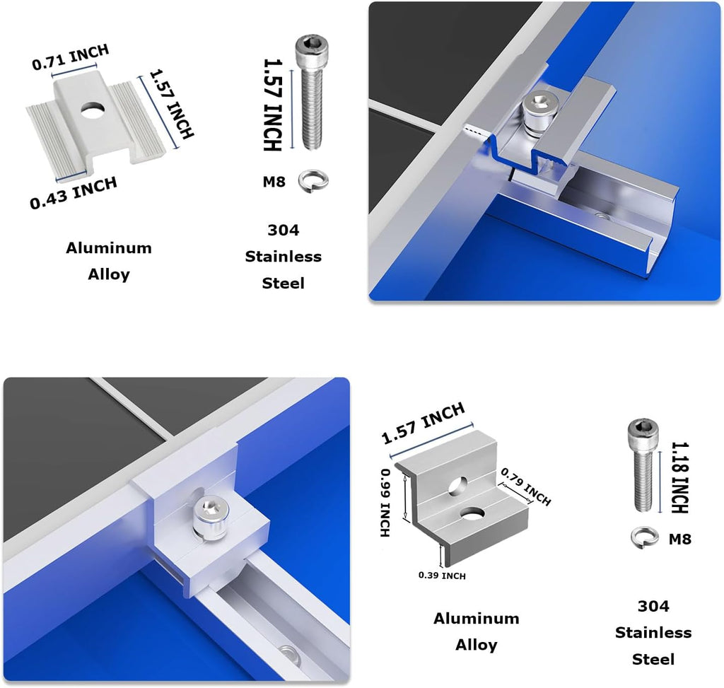 Solar Panel Mounting Brackets, Roof Mount Kit, Rails and Clamps Included for Thickness 1.18”-1.38”, 4pcs in A Row Assembly on Tin, Flat and Sheet Rooftop, Aluminum Alloy