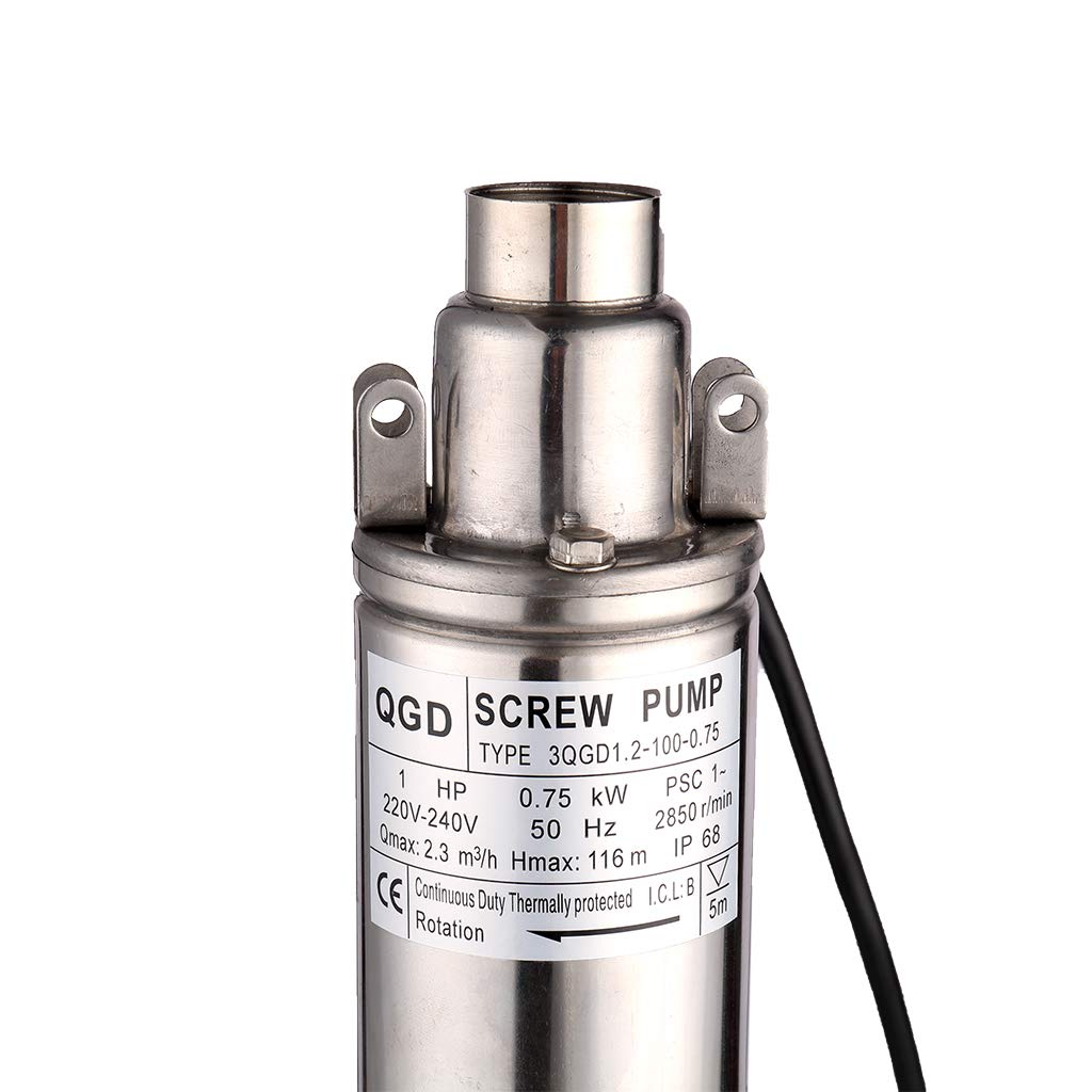 SHYLIYU 1HP 3" OD Pipe Stainless Steel Submersible Deep Well Pump 328FT 1" Outlet 0.75KW 80mm Bore Screw Water Pumps for Industrial and Home Garden Use,220V/50Hz