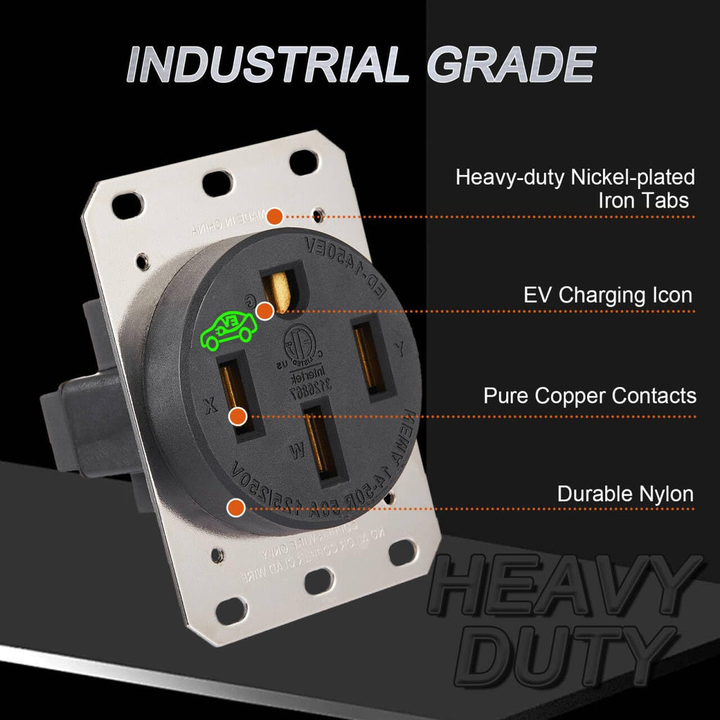 50 Amp EV Charging Outlet, NEMA 14-50R Heavy Duty Receptacle, Allen Screws Wiring, Industrial Grade, 3-Pole, 4-Wire, 125/250VAC, Black, ETL Listed