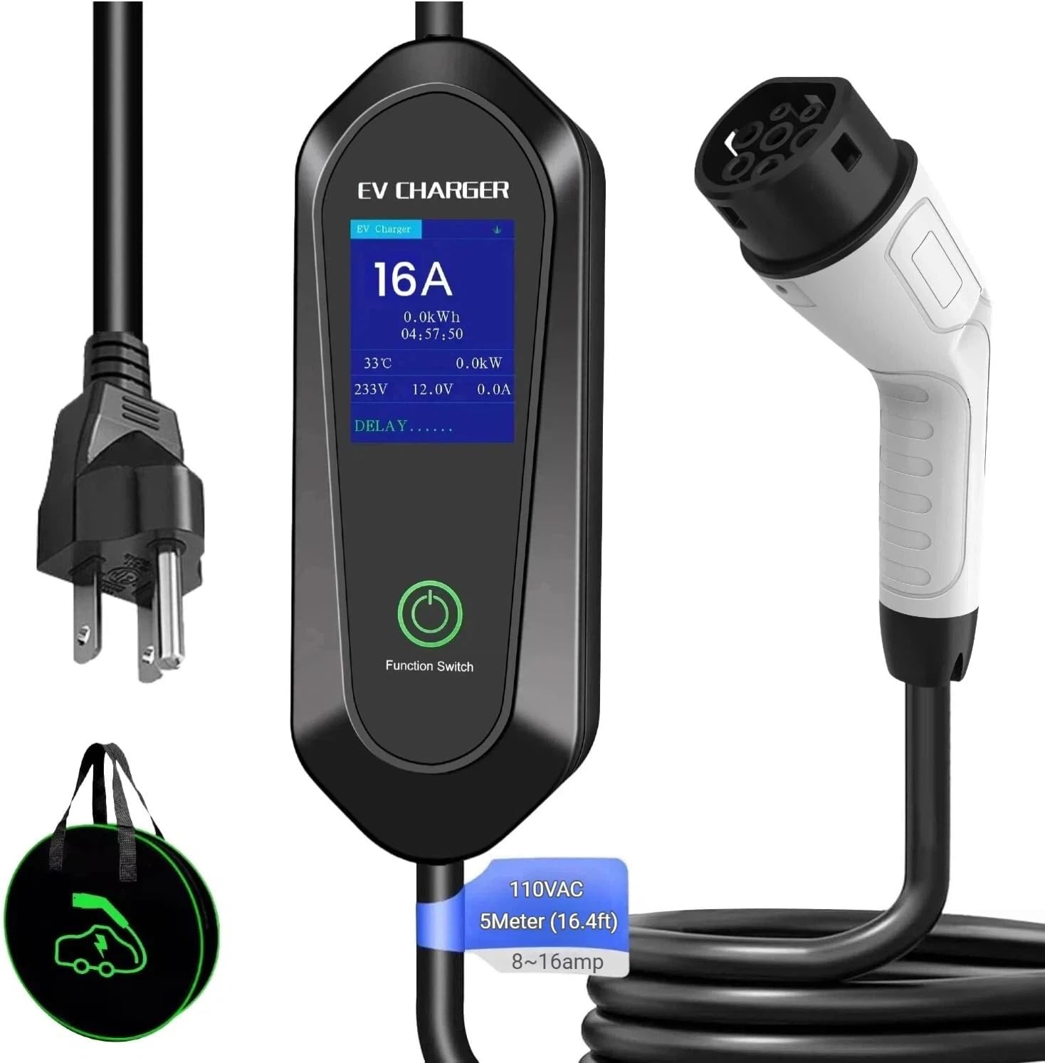 Portable Electric Car Charger Type 2 with NEMA 5-15 Plug, 8-16Amp,110VAC, Delayed Charging 1-12hr, 5m(16.4ft)