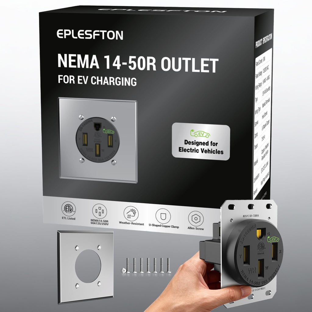 Nema 14-50 EV Outlet with Wall Plate Kit, Heavy Duty 50 amp EV Charging Straight Blade Device Receptacle, 3-Pole 4-Wire Grounding, 50A 125/250V,ETL Listed,Black