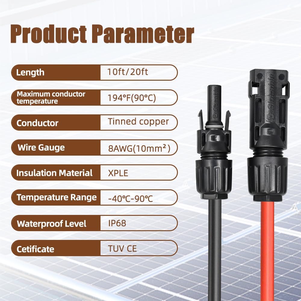 8AWG Solar Panel Extension Cable,1500V IP68 Solar Wire with PV Female and Male Connector, Great for RV, Home, Boat & Solar Panel Systems(20Ft)