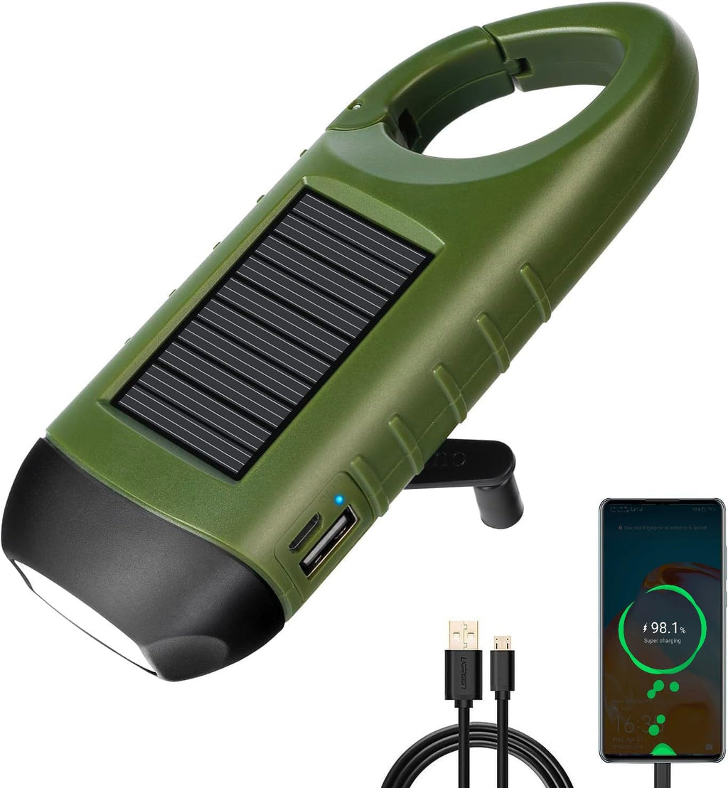 EKNBKE Hand Crank Solar LED Emergency Flashlight, Portable Mini Handheld Survival Light with USB Output for Camping Outdoor Hiking, Green