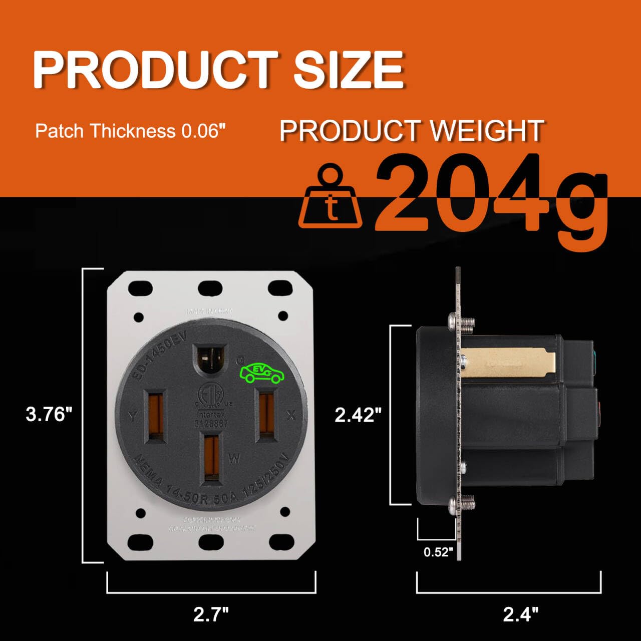 50 Amp EV Charging Outlet, NEMA 14-50R Heavy Duty Receptacle, Allen Screws Wiring, Industrial Grade, 3-Pole, 4-Wire, 125/250VAC, Black, ETL Listed