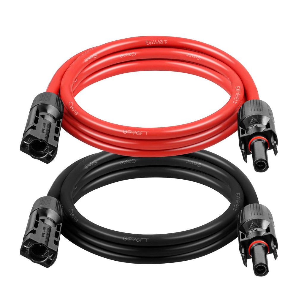 10AWG Solar Extension Cable 2FT – 2 Pack Red & Black PV Wire with Solar Connectors, 84-Strand Tinned Copper, Dual XLPE Insulated, Outdoor UV-Resistant Cable for RV, Inverter, Battery