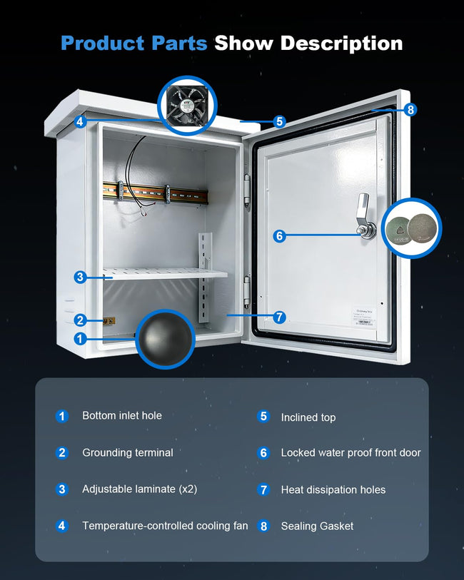 Outdoor Electrical Box Enclosure,19.7" x 13.8" x 9.4", 1.2mm Thick Galvanized Steel,Integrated Ventilation & Cooling Fan,Secure Weather-Resistant Project Box,Wall/Pole Mount Main Image