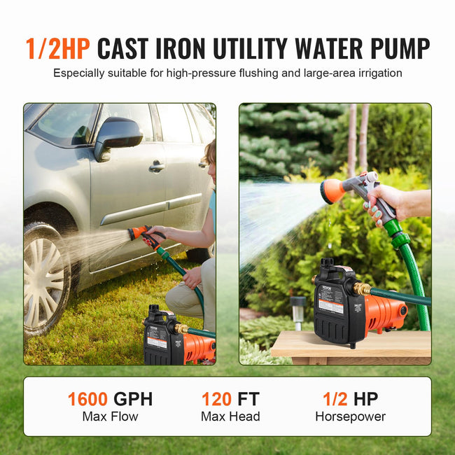 VEVOR Cast Iron Water Transfer Pump, 115V AC 1600 GPH 1/2HP, Portable Electric Utility Pump with Carbon Brush, Filter, Brass Connectors, for Garden, Rain Barrel, Pool, Pond, Hot Tub, Aquarium Draining Main Image