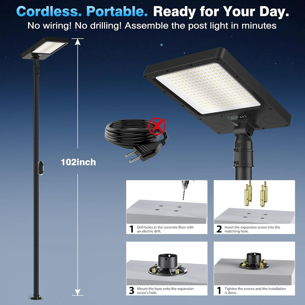 100" Solar Lamp Post Lights with Pole & Remote, Outdoor IP65 Waterproof 420 LEDs Solar Street Lights, Black Metal Flood Solar Motion Pathway Lights for Yard, Garden, Patio, Lawn, Garage