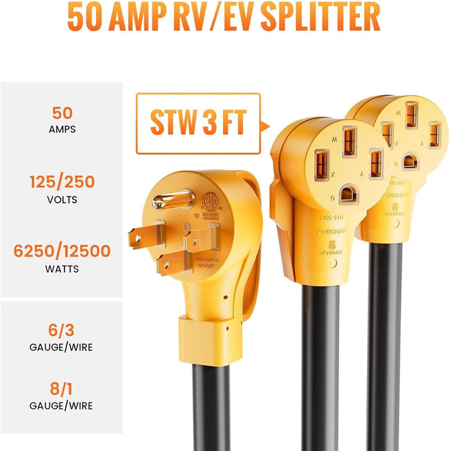 MECMO 50 Amp Y Splitter for RV/EV Charging, ETL Listed, NEMA 14-50P to 2X 14-50R Adapter, 4 Prong 250-Volt Generator Adapter, Auto/RV/EV/Tesla Model 3/S/X/Y, 6/3 8/1 STW AWG, 3 Feet Main Image