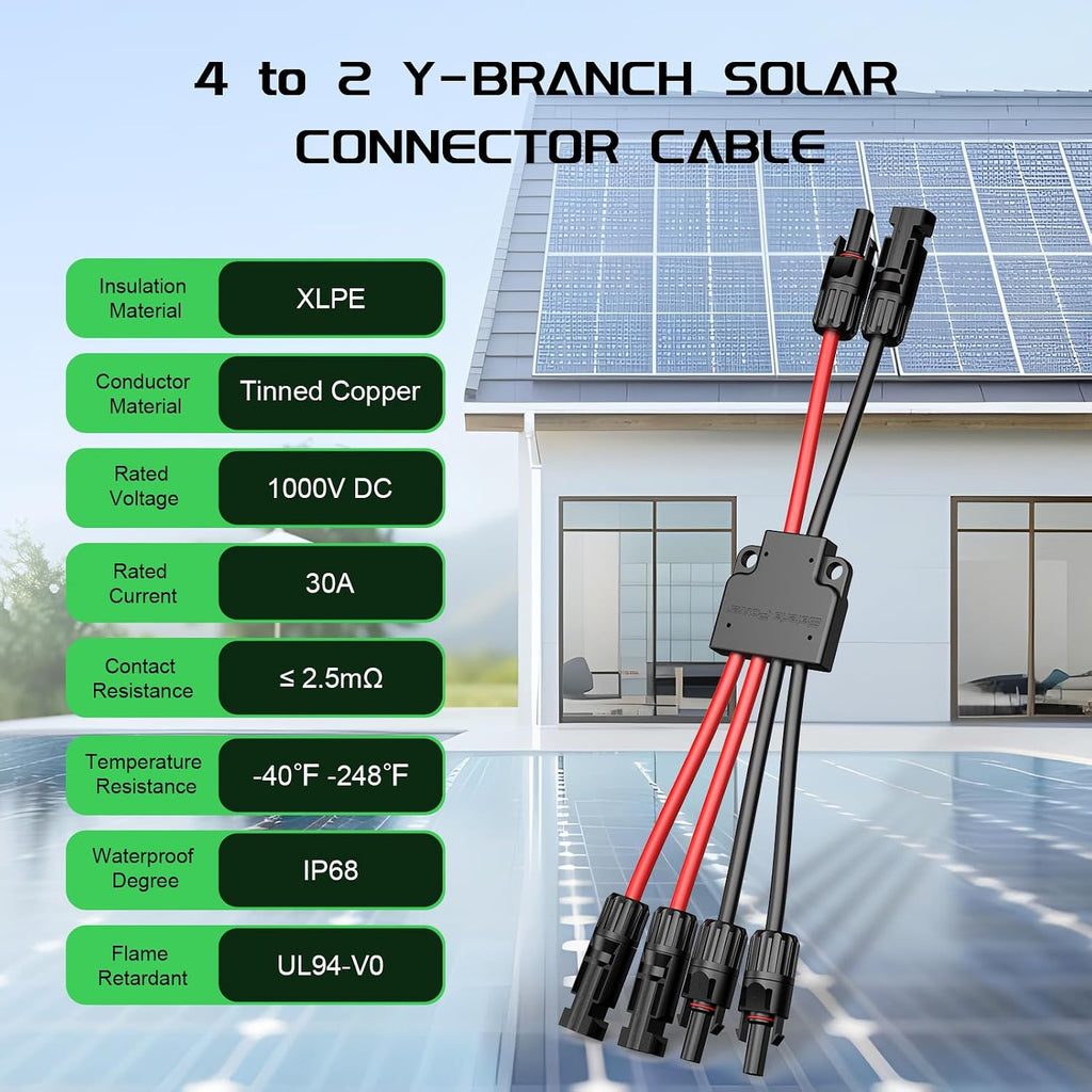 Bateria Power Solar Connectors for 2 Solar Panels, IP68 Waterproof Solar Panel Connectors Splitter, 4 to 2 Y Branch Parallel Adapter for Solar Cable Extension