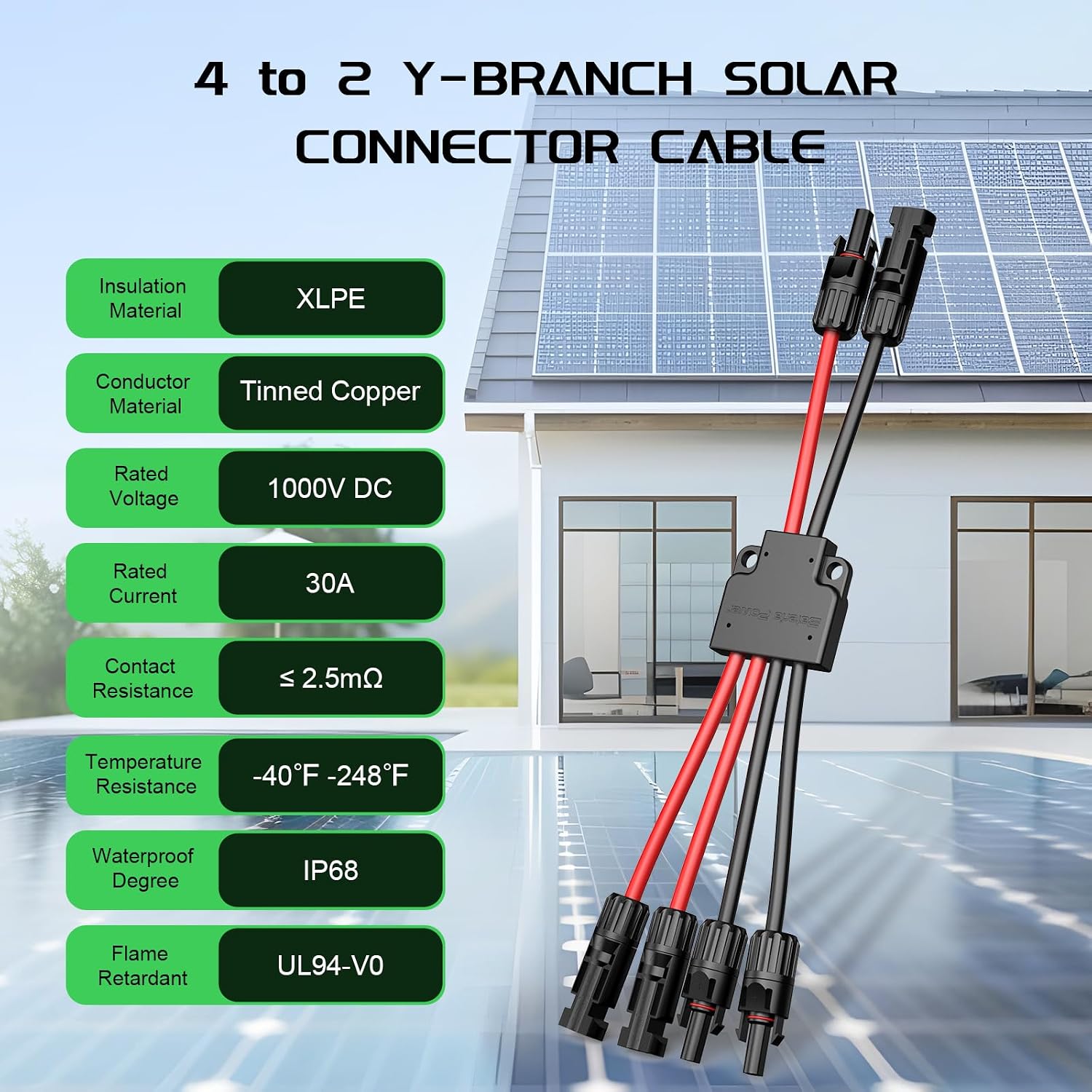 Bateria Power Solar Connectors for 2 Solar Panels, IP68 Waterproof Solar Panel Connectors Splitter, 4 to 2 Y Branch Parallel Adapter for Solar Cable Extension