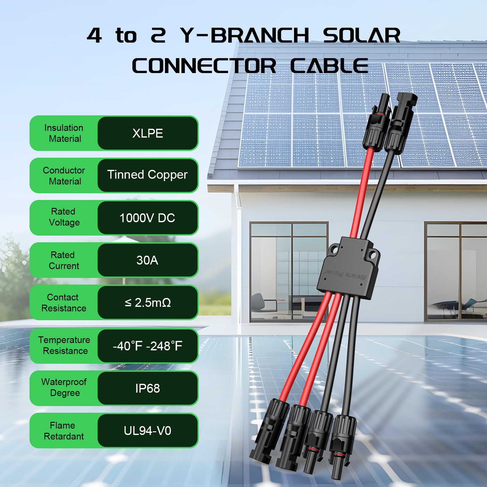 Bateria Power Solar Connectors for 2 Solar Panels, IP68 Waterproof Solar Panel Connectors Splitter, 4 to 2 Y Branch Parallel Adapter for Solar Cable Extension