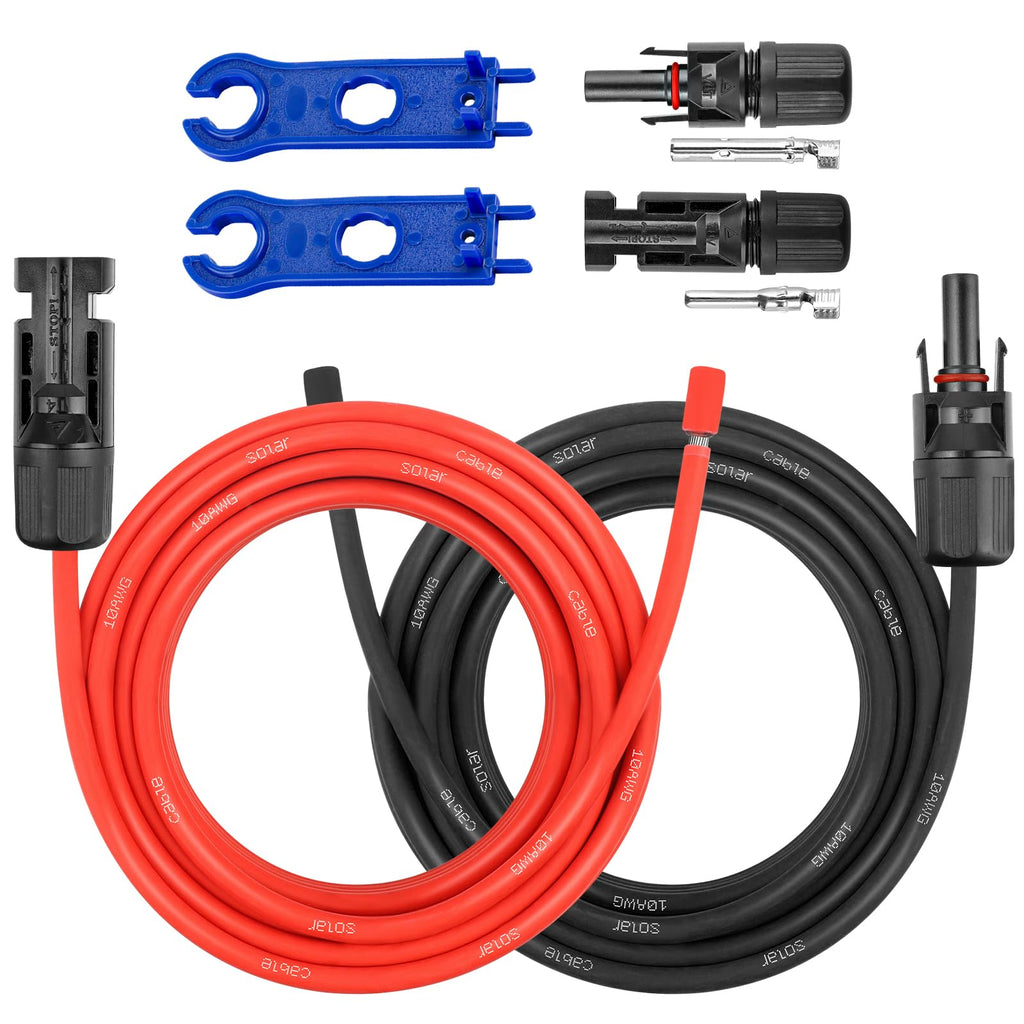 10AWG Solar Extension Panel Cable - 50FT Solar Wire with Waterproof Female and Male Connector and Solar Panel Adaptor Kit Tool PV Wire for RV, Home, Boat, Solar Panels(50feet Red + 50feet Black)