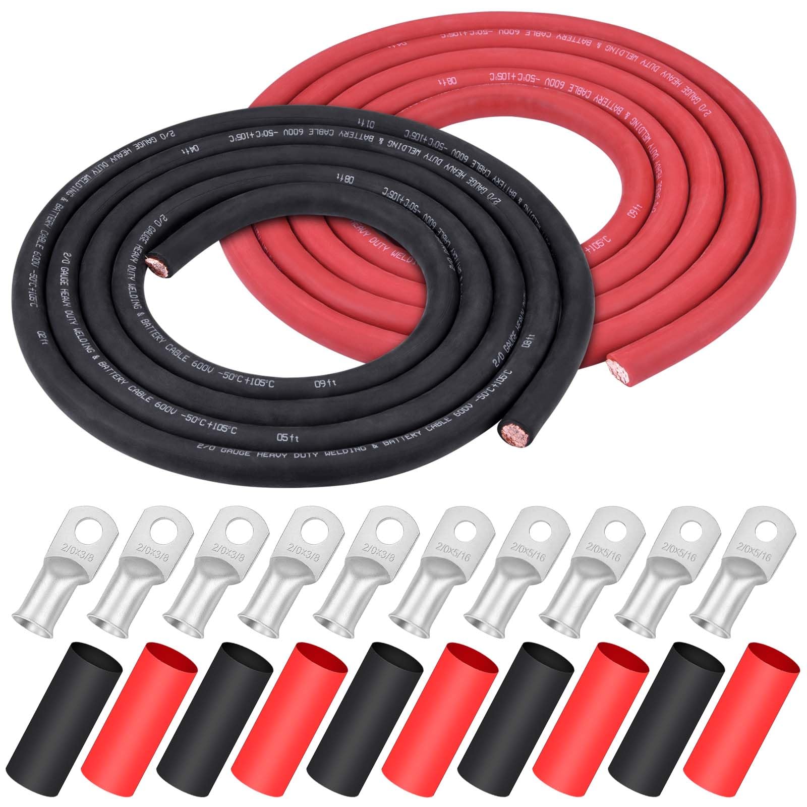 iGreely 4 AWG Gauge Wire Pure Copper Welding Battery Cable for Vehicle Solar,10Ft Black+10Ft Red Flexible OFC Cables with 5pcs of 5/16" & 5pcs 3/8" Copper Lug Terminal Connector Heat Shrink Tubing