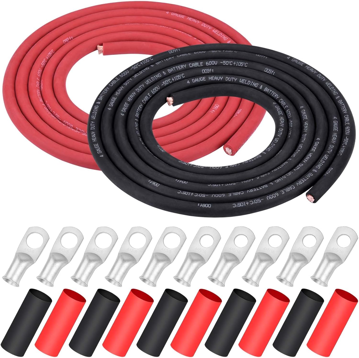 iGreely 4 AWG Gauge Wire Pure Copper Welding Battery Cable for Vehicle Solar,10Ft Black+10Ft Red Flexible OFC Cables with 5pcs of 5/16" & 5pcs 3/8" Copper Lug Terminal Connector Heat Shrink Tubing