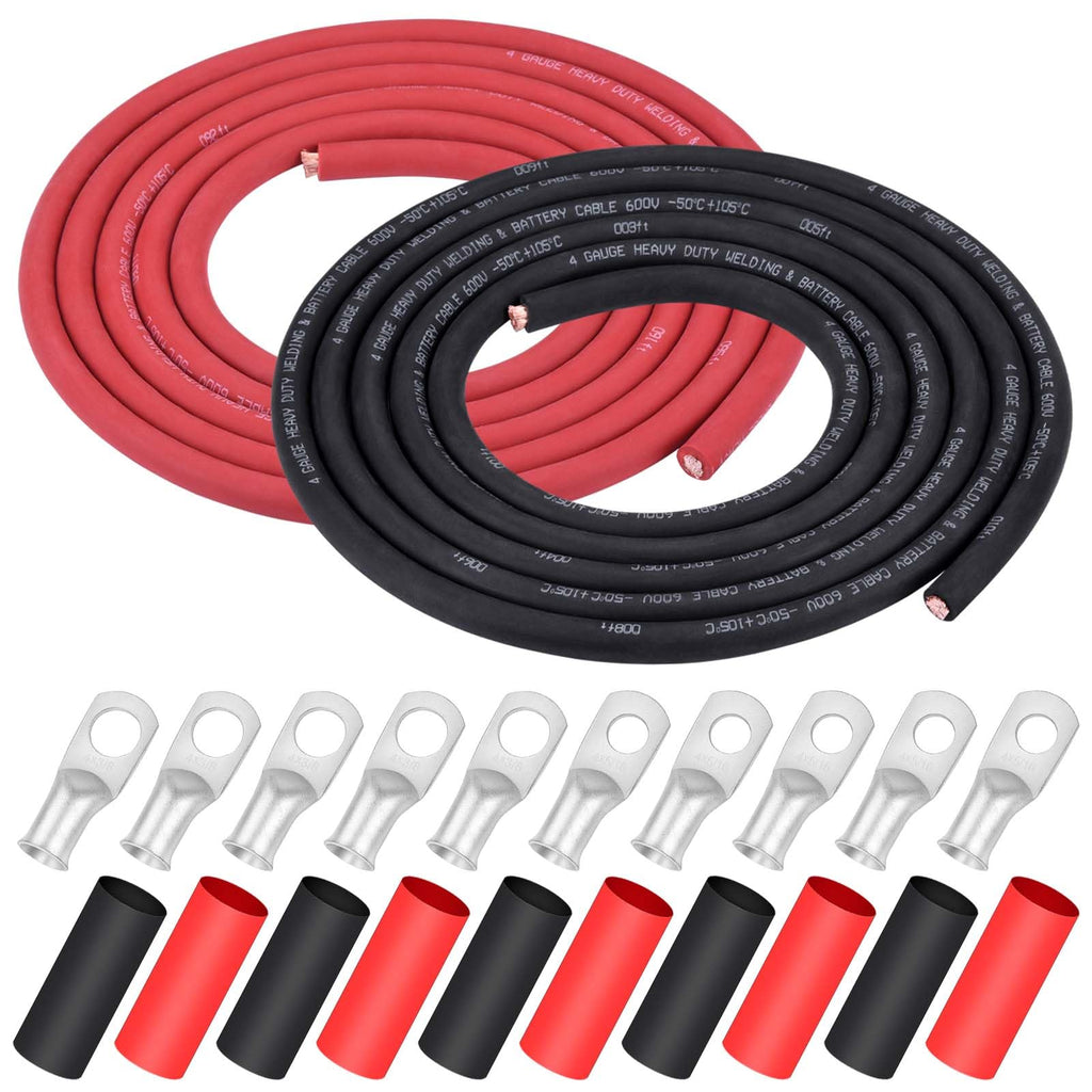 iGreely 4 AWG Gauge Wire Pure Copper Welding Battery Cable for Vehicle Solar,10Ft Black+10Ft Red Flexible OFC Cables with 5pcs of 5/16" & 5pcs 3/8" Copper Lug Terminal Connector Heat Shrink Tubing