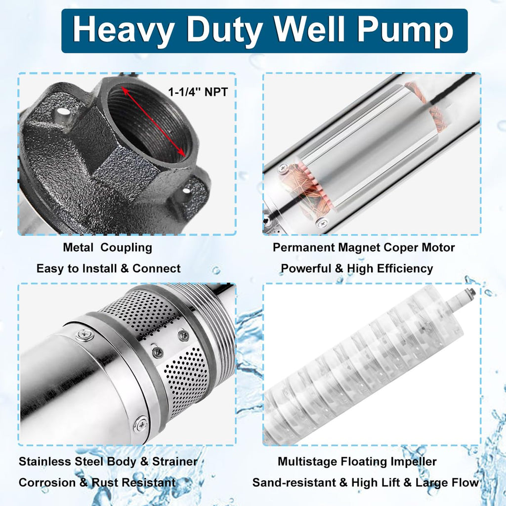 4" Deep Well Submersible Pump, 1/2 HP, 110V, 60 Hz, 25 GPM,207FT Max Head, 33FT Power Cord,Stainless Steel Submersible Well Pump with External Control Box, Check Valve & Outlet,ON/OFF Switch
