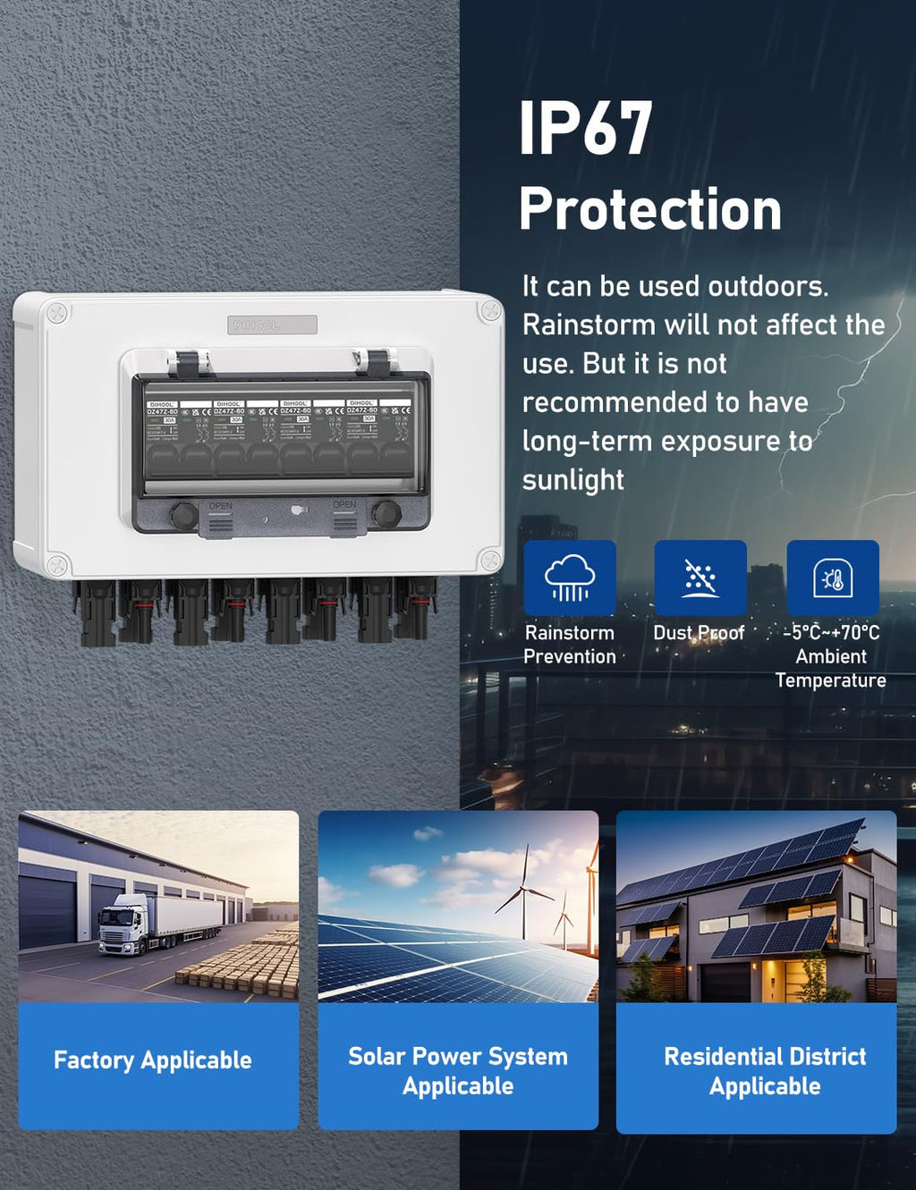 DIHOOL Solar Panel Disconnect Switch 4 String 30 Amp DC Circuit Breaker Box 4 in 4 Out Solar Combiner Box