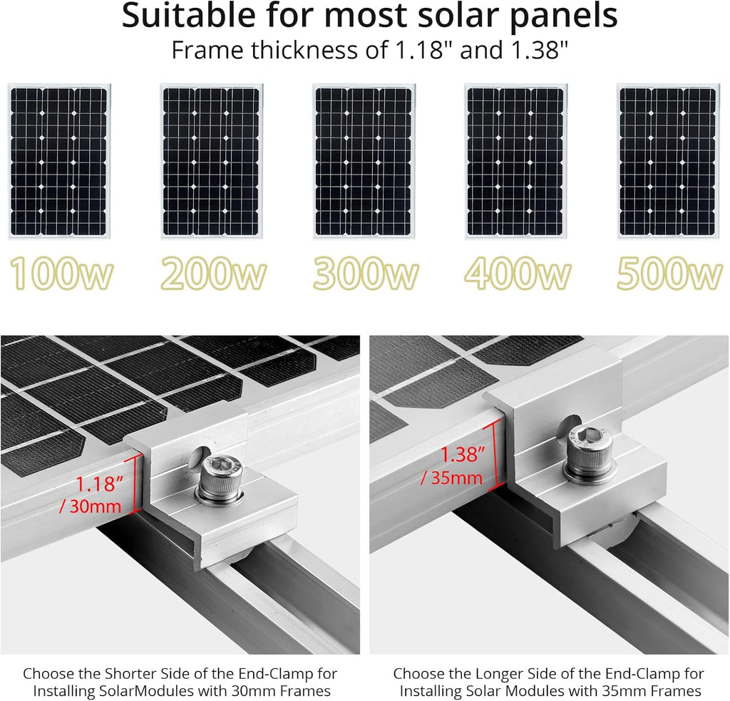 Anbte Solar Panel Bracket Kit, 6 Pcs 7.87 in Aluminium Solar Panel Mounting Rail 30mm/35mm Solar Panel End Clamps, Solar Panel Brackets for Metal Roof, Tin Roof, Flat Roof, Sheet Roof, RV, Silver