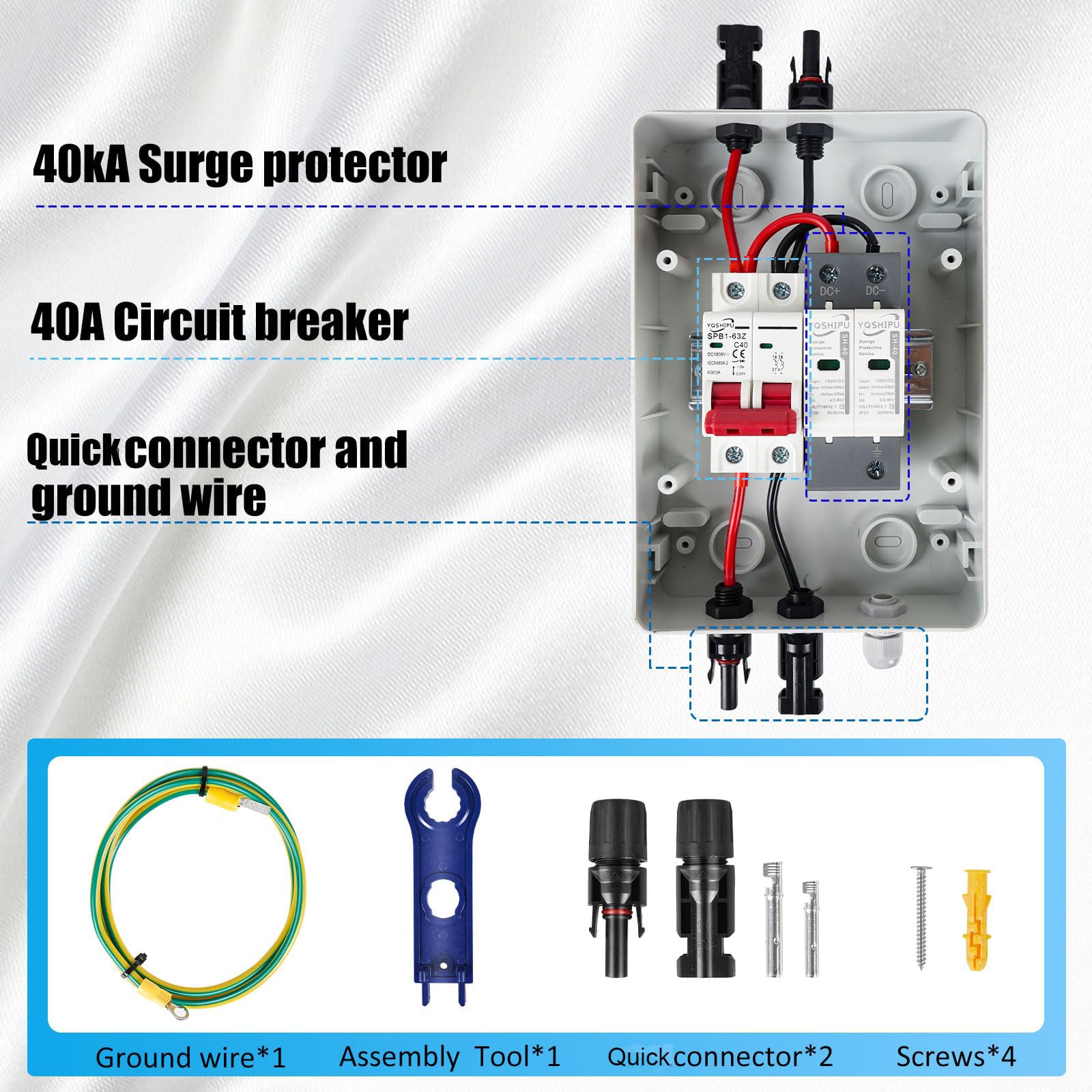 1 String 500V PV Combiner Box 1 in 1 Out, 40A DC Circuit Breaker with Solar Disconnect Function, Surge Protection, IP65 Waterproof, Solar Panel Connectors