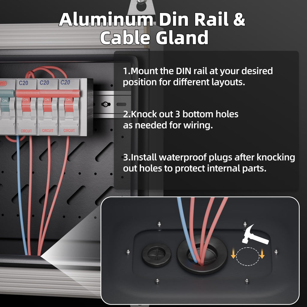 Joinfworld Outdoor Electrical Metal Box 11.8" x 11.8" x 7" Weatherproof Outdoor Junction Enclosure Steel Box with Lock Din Rail Cable Gland